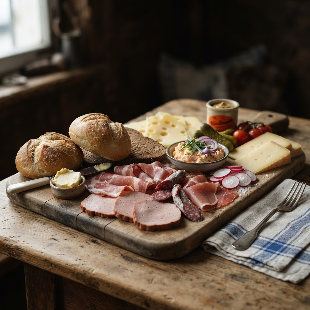 Bayerische Brotzeit mit Brot, Aufschnitt und Käse